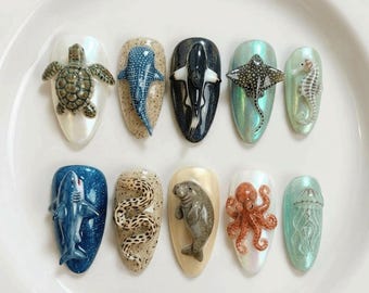 Ocean Animal Press On Nails 3D Turtle Shark Octopus Nails | Sea Life Nails | Realistic Animal Handmade Acrylic Set | Beach Summer Nails