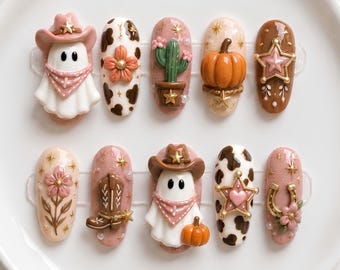 Unghie finte fatte a mano con motivo cowgirl fantasma zucca, unghie finte 3D western per Halloween con colla, stampa mucca rosa, unghie autunnali carine