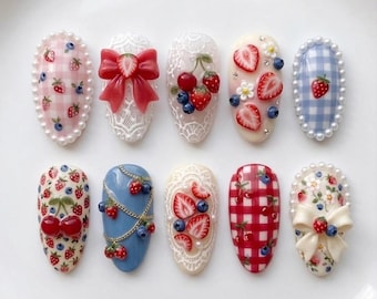 Vintage Fruit Lace Press On Nails | 3D Strawberry Cherry & Bow Charms, Cottagecore Gingham Aesthetic, Luxury Glossy Gel Custom Fake Nails