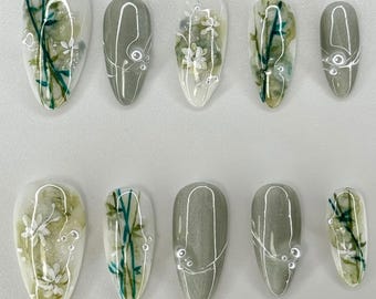 Handmade Botanical Press On Nails | Sage Green & White Floral Design | Minimalist Nature-Inspired Nail Set