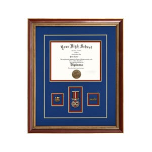 May include: A framed diploma with a blue and red matting. The frame is a dark wood with a gold inner border. The diploma is centered, with smaller items below, including a medal and two emblems. The text "Your High School" is visible.
