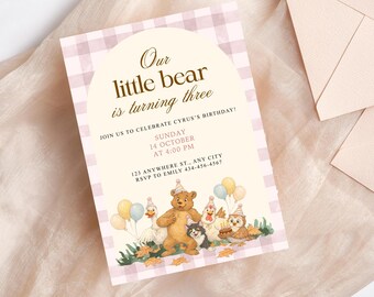 Little Bear Pink Birthday Invitation, Woodland Animals Gingham Party Invite (Digital Download)