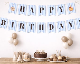 ジェリーキャットをイメージした誕生日バナー、ブルーストライプのパーティーデコレーション（デジタルダウンロード）