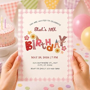 Pink Gingham Patchwork Birthday Invitation, Coquette Flowers Picnic Theme (Digital Download)