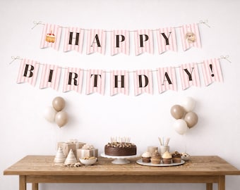 Op Jelly Cat geïnspireerde verjaardagsbanner, roze gestreept feestdecor (digitale download)