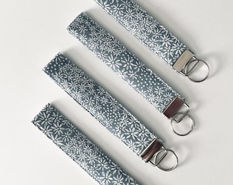 Blue Floral Cotton Wristlet Keychain: Handmade Key Fob with Silver Hardware