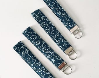 Handmade Blue Leaf Wristlet Keychain - Cotton Fabric Key Fob
