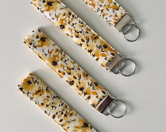 Autumn Floral Wristlet Keychain: Yellow Cotton Fabric Key Fob
