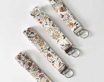 Floral Fabric Wristlet Keychain: Handmade Key Fob with Silver Clasp