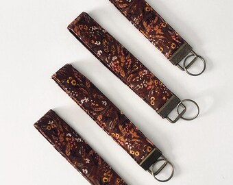 Autumn Floral Wristlet Keychain: Boho Rust Orange Key Fob