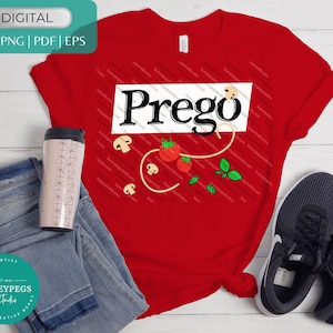 May include: A red t-shirt with the word "Prego" in a white rectangle, accompanied by illustrations of tomatoes, mushrooms, and basil. The shirt is paired with blue jeans, a travel mug, and sneakers.