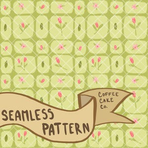 May include: Seamless pattern design with a light green background and a grid of squares. Each square contains a pink tulip or a pink flower. A tan banner reads "SEAMLESS PATTERN" and "COFFEE CAKE Co."