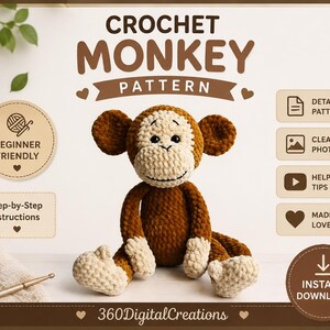 Op de afbeelding: Een haakpatroon voor een aap met een bruine en crèmekleurige pluche aap. De tekst luidt CROCHET MONKEY PATTERN, BEGINNER FRIENDLY, Step-by-Step Instructions, DETAILED PATTERN, CLEAR PHOTOS, HELPFUL TIPS, MADE WITH LOVE en INSTANT DOWNLOAD.