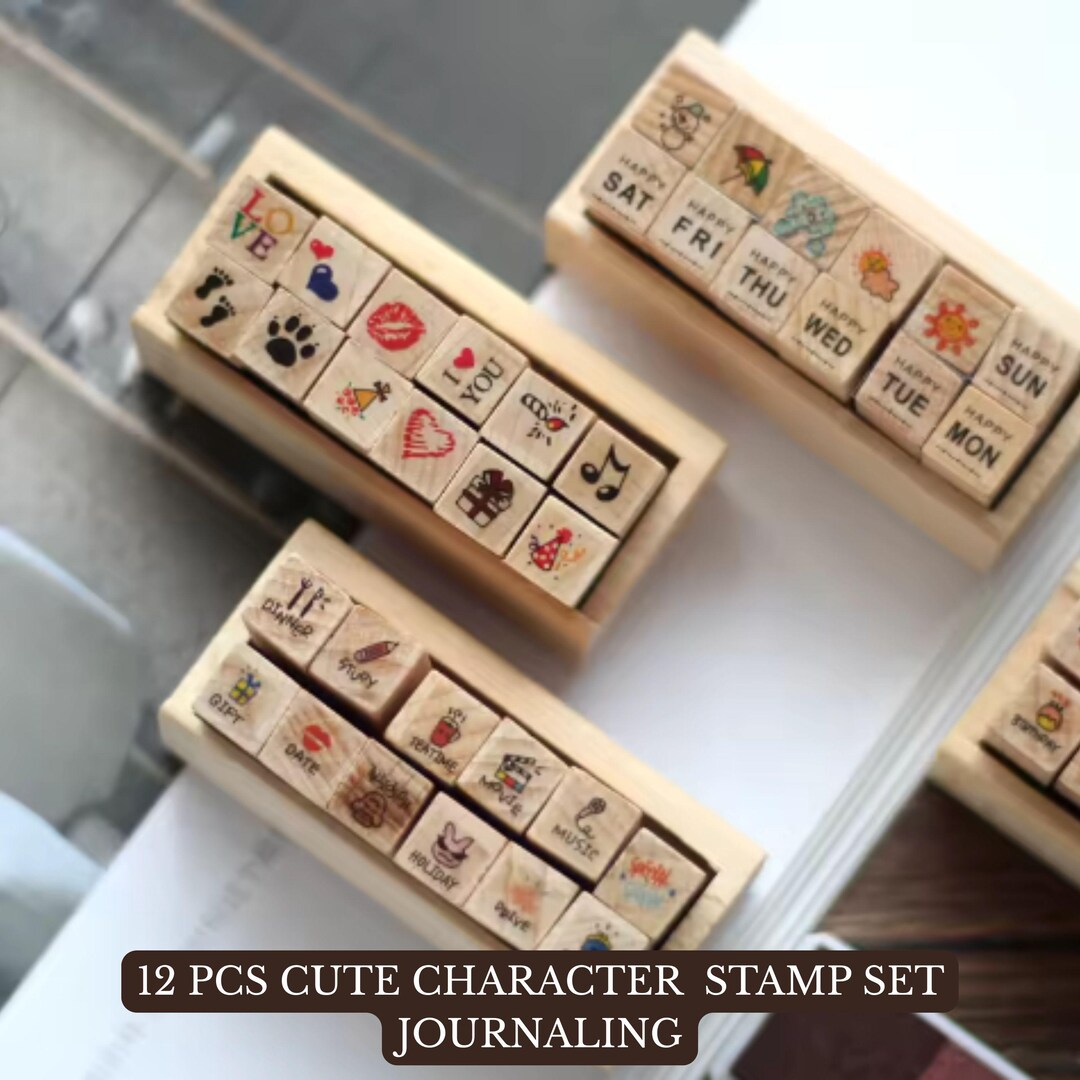 Note Journal Stamp 12 Pcs Cute Icon Stamp Set for Bullet Journals | Small Wooden Stamps ...