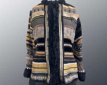 Nomad-Inspired Evening Jacket: Art-to-Wear, Faux Rabbit Trim