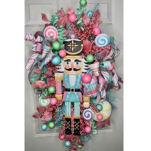 Candyland Nutcracker Christmas Swag | Pastel Pink & Aqua Teardrop Door Swag | Whimsical Holiday Decor | Elegant Candy Theme Wreath