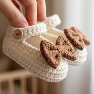Handmade beige crochet baby booties with brown bows, soft knitted infant shoes, perfect newborn gift for baby girl or boy.