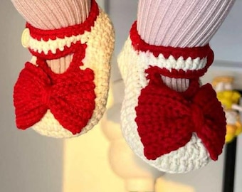 Red Bow Crochet Baby Booties, Handmade Mary Jane Shoes, White Cream Newborn Keepsake