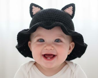 Handmade Black Crochet Baby Winter Hat with Ruffle Brim and Cat Ears | Cozy Unisex Bonnet for Newborn to Toddler, Photo Prop Gift
