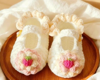 Handmade Crochet Mary Jane Baby Booties with Ruffled Edge & Flower Applique — Soft Newborn Crib Shoes, Photo Prop, Baby Shower Gift