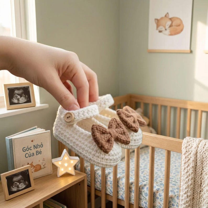 Crochet baby booties styled in nursery setting cream wool Mary Jane shoes with bow soft warm newborn infant gift baby shower idea