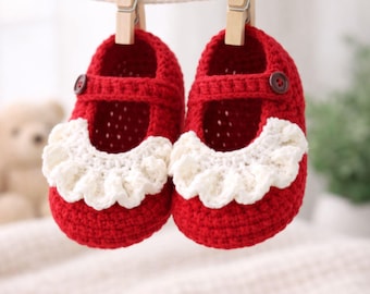 Handgemachte häkeln Rote Baby Booties Mary Jane Schuhe, weiche Neugeborene Mädchen Geschenk, Rüschenbesatz Säuglingsschuhe für Babyparty