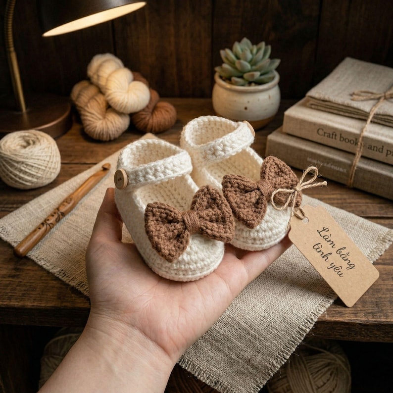 Beige handmade crochet booties with brown bows, soft knit baby shoes, ideal newborn baby gift and photo accessory.