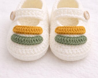 Handmade Crochet Baby Booties Cream Mary Jane Shoes, Soft Newborn Unisex Gift, Rainbow Accent Infant Footwear Baby Shower