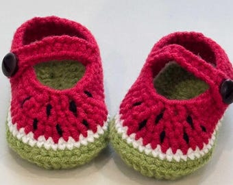 Botitas de bebé de crochet de sandía / Zapatos Mary Jane para bebé / Regalo hecho a mano con suela suave