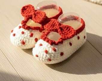Crochet Baby Shoes with Red Bow | Handmade Wool Booties | White Polka Dot Baby Girl Shoes | Newborn Gift | Soft Knitted Infant Shoes