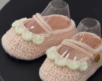Handmade Crochet Baby Booties Pink Mary Jane Shoes, Soft Newborn Girl Gift, Floral Trim Infant Shoes for Baby Shower