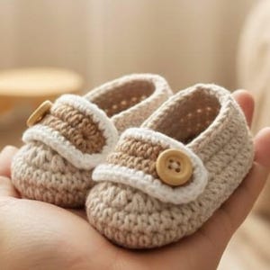 May include: A pair of handmade, beige crochet baby shoes with a brown and white accent and a wooden button closure. The shoes are held in a hand. The text "HANEULWOOLSHOP" is at the bottom.