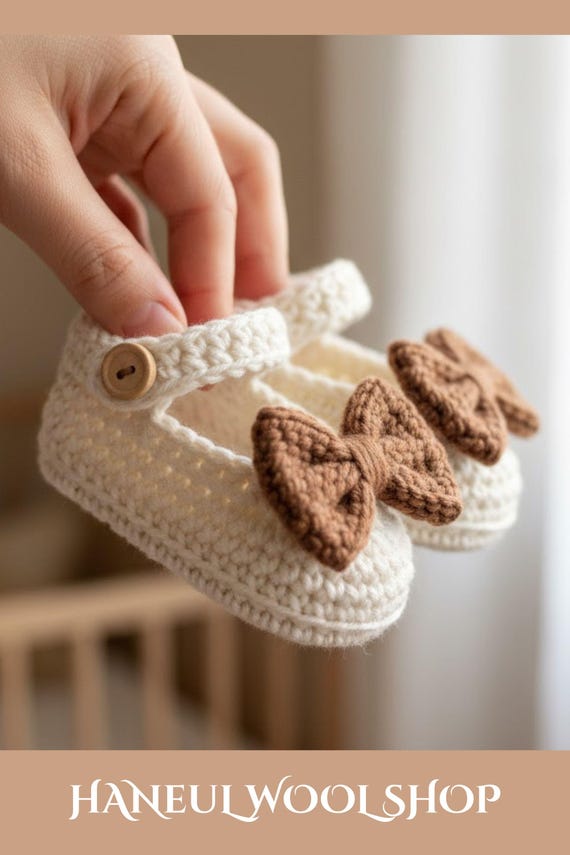 Crochet Baby Booties Beige Brown Bow | Handmade Infant Shoes | Soft Knitted Newborn Gift | Baby Shower Present