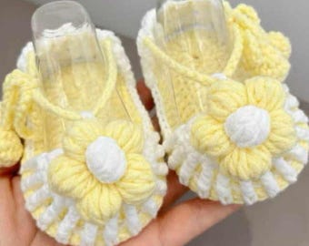 Crochet Baby Shoes with Yellow Flower | Handmade Infant Booties | Soft Knitted Newborn Shoes | Baby Shower Gift | Summer Baby Girl Shoes