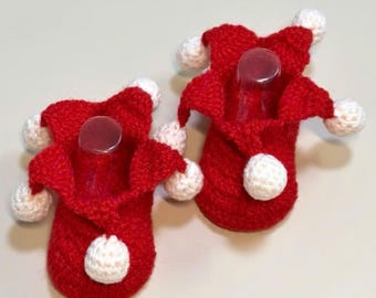 Christmas Crochet Baby Booties Red Pom Pom Santa Style, Handmade Newborn Crib Shoes, Soft Prewalker Holiday Gift