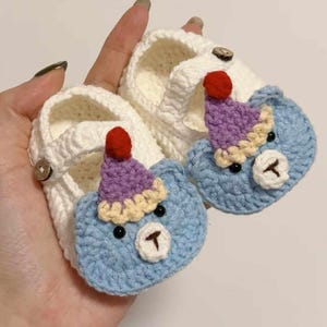 Blue Bear Crochet Baby Booties | White Mary Jane Infant Shoes | Soft Sole | Handmade Newborn Gift