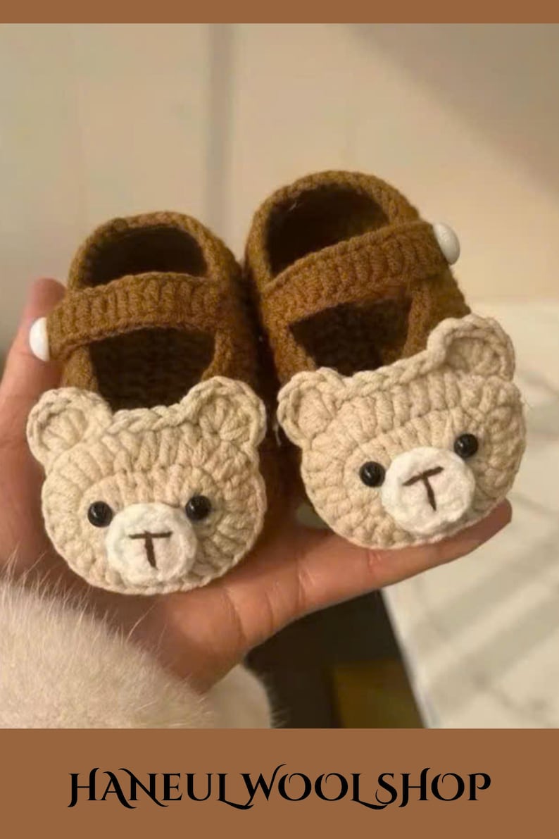Handmade crochet baby shoes with cute teddy bear design, perfect soft newborn booties gift