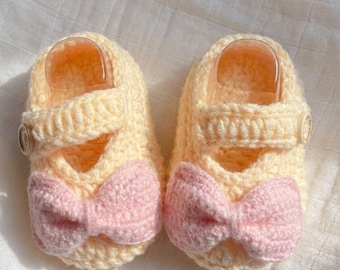 Handmade Crochet Baby Booties with Soft Pink Bow | Newborn Girl Shoes | Baby Shower Gift | Infant Knitted Prewalker Flats