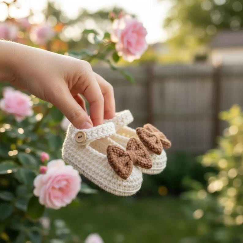Neutral beige crochet baby booties with brown bows, soft and cozy knit shoes, unisex handmade newborn gift.