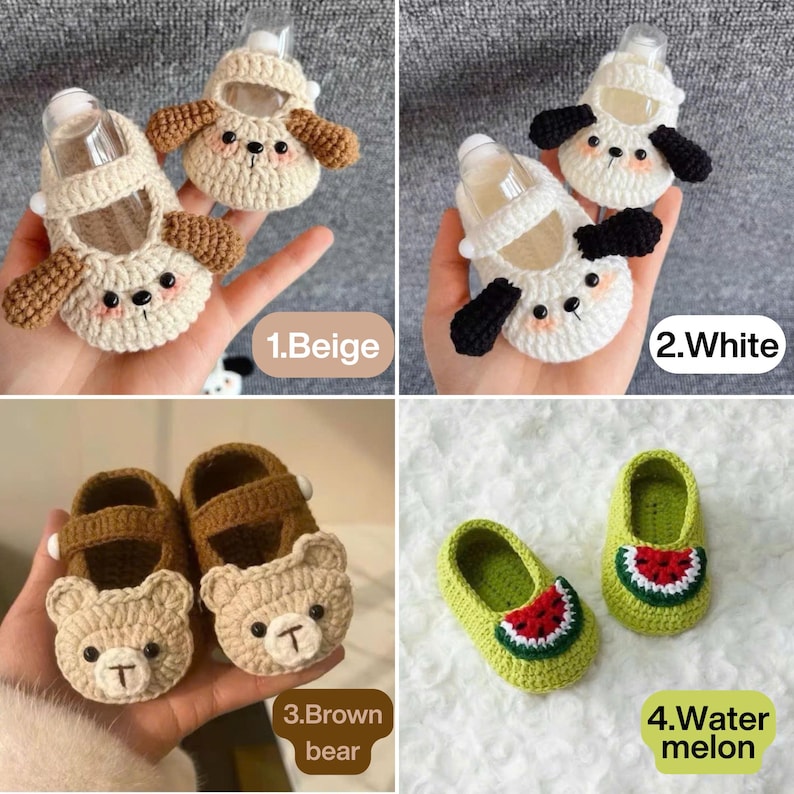 Soft knitted baby booties for infant boys and girls, handmade crochet teddy bear shoes