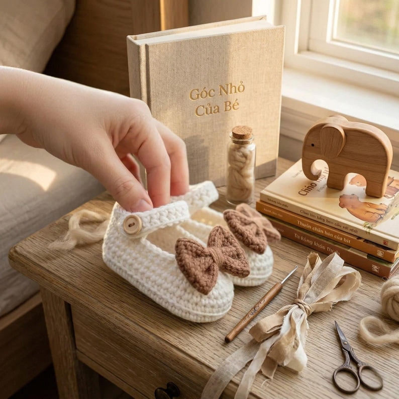 Close up crochet baby shoes with brown bow detail white wool handmade soft cozy infant booties aesthetic newborn photography prop