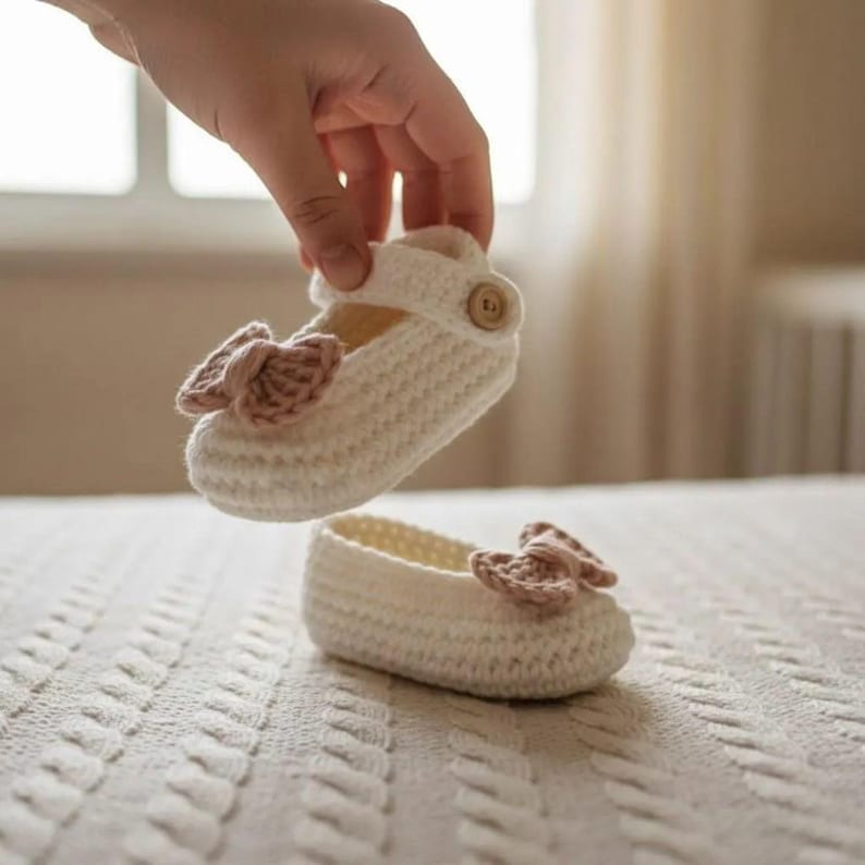 Beige handmade crochet booties with brown bows, soft knit baby shoes, ideal newborn baby gift and photo accessory.