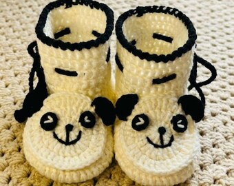 Handmade Crochet Panda Baby Booties, Black & White Prewalker Shoes with High Cuffs | Soft Cozy Newborn Gift for 0–12 Months