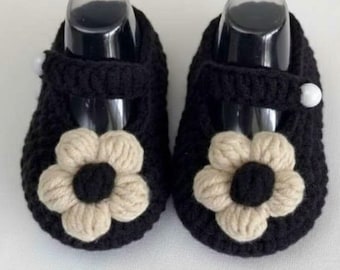 Black Crochet Baby Shoes with Flower | Handmade Infant Booties | Soft Knitted Baby Girl Shoes | Newborn Gift | Baby Shower Present