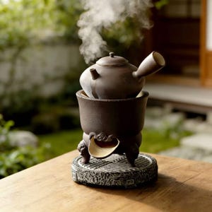Puede incluir: Una tetera de cerámica marrón con un pico curvo se encuentra sobre un calentador a juego, con vapor ascendente. El calentador tiene una base decorativa y está colocado sobre una superficie de madera.