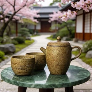 May include: A ceramic tea set with a teapot and two cups, displayed on a green marble table. The teapot and cups are a speckled brown color. The background features a Japanese garden with cherry blossoms.
