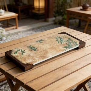 Op de afbeelding: Rechthoekig dienblad met een bamboe ontwerp. De lade heeft een lichtbruine achtergrond met groene bamboebladeren en een donkerbruin houten frame. De lade staat op een houten tafel.