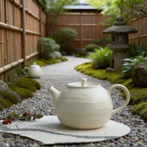 May include: A cream ceramic teapot with a rounded form and a curved handle rests on a decorative paper. The scene is a Japanese garden, featuring a stone lantern, a gravel path, and bamboo fencing.