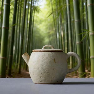 May include: A cream-coloured ceramic teapot with a lid, spout, and handle. The teapot has a textured surface and sits on a grey surface. The background features a blurred view of a bamboo forest.