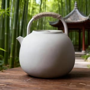 May include: A white ceramic teapot with a rounded body and a spout. The handle is made of white ceramic with a wrapped rope grip. The teapot is set on a wooden surface, with a bamboo forest and a traditional Asian structure in the background.